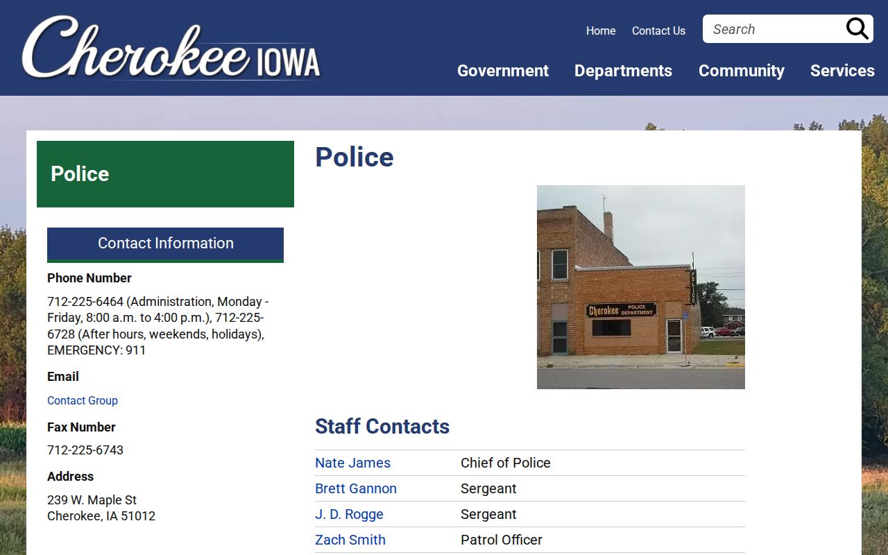 Official Cherokee Police Department webpage showing agency contact information