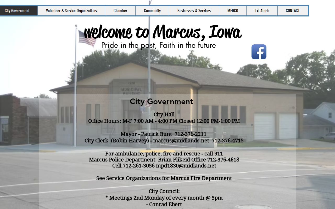 Marcus Iowa city government webpage with current police contact information