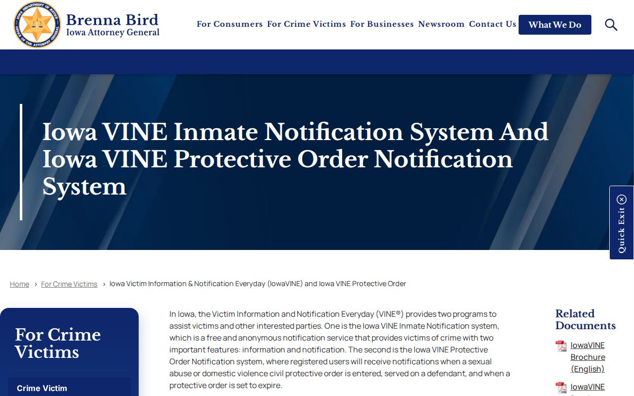 Official IowaVINE custody alert guidance for Cherokee County arrests