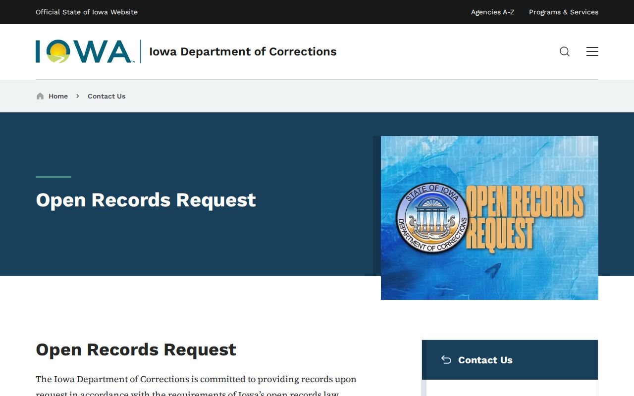 Iowa Department of Corrections open records request page